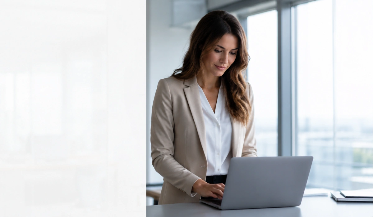 Geschäftsfrau arbeitet in einem modernen Büro am Laptop