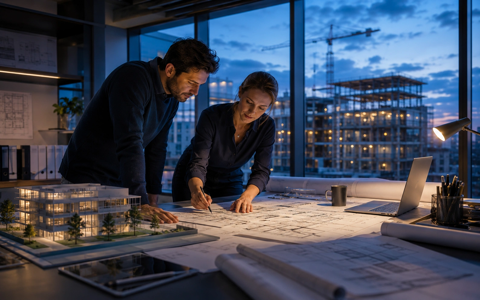 Architekten und Ingenieure arbeiten an Bauzeichnungen und einem Gebäudemodell