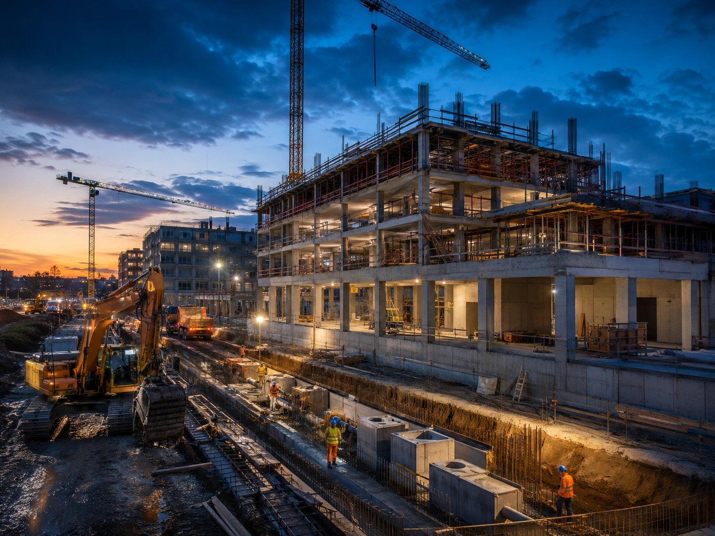 Baustelle für Hoch- und Tiefbau mit Rohbau, Kran und Tiefbauarbeiten