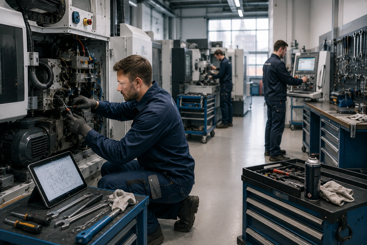 Techniker beim Maschinenservice und bei Wartungsarbeiten