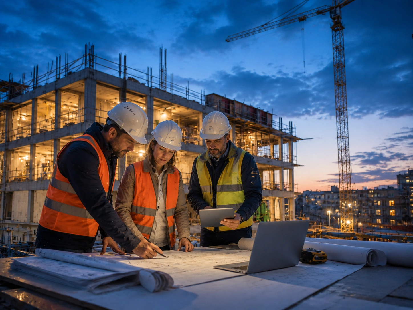 Architekten und Ingenieure besprechen Baupläne auf einer Baustelle