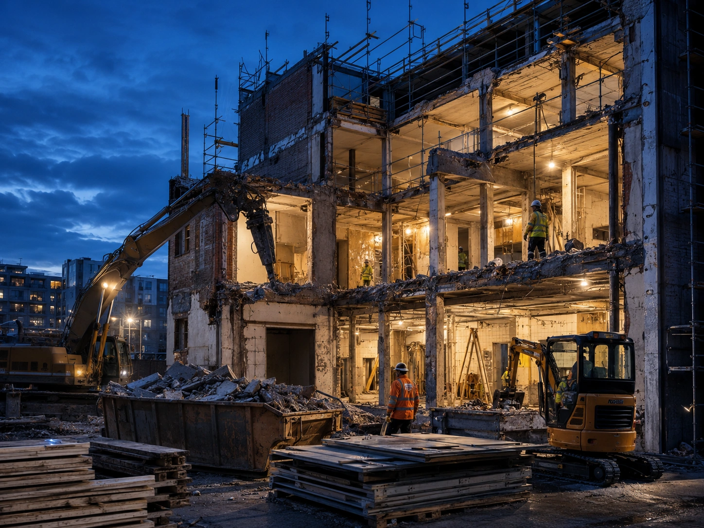 Teilweise zurückgebautes Gebäude mit Baggern und Arbeitern