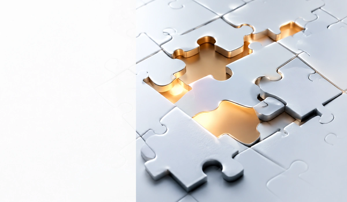 Weiße Puzzleteile mit einer goldfarbenen individuellen Lösung