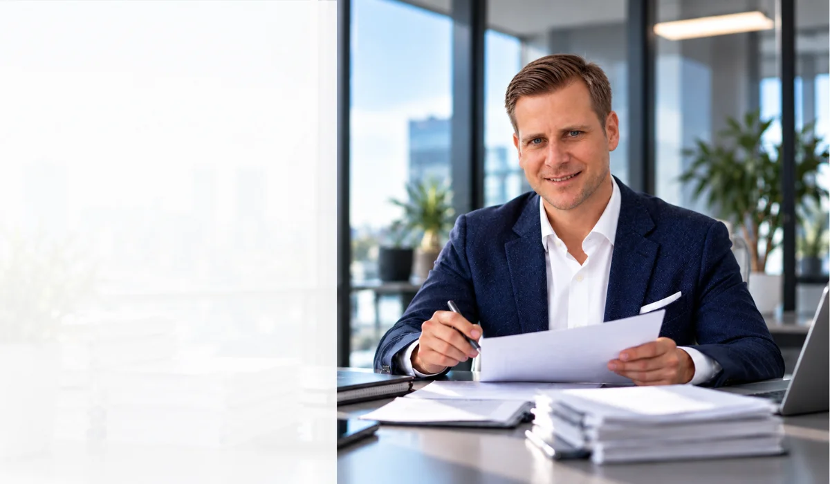 Unternehmer bearbeitet Rechnungen beim Inhouse-Factoring und führt das Debitorenmanagement intern weiter.