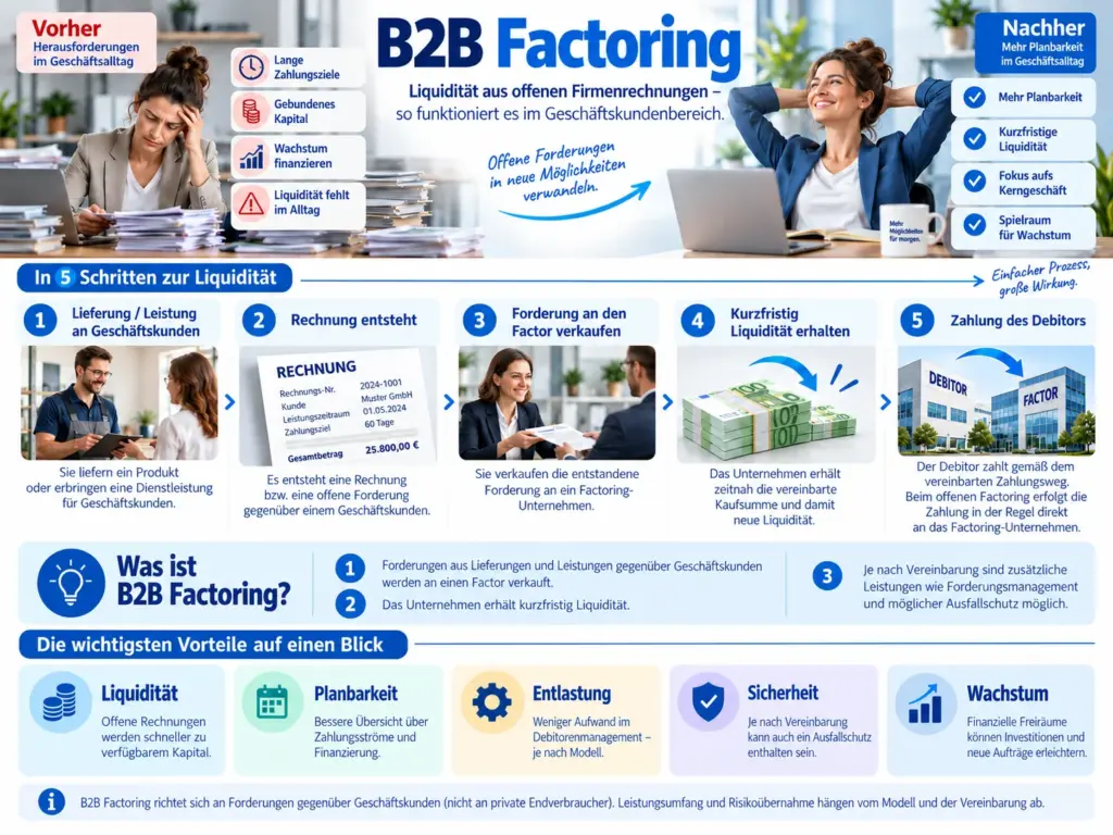 Schaubild zum B2B Factoring mit Geschäftskunden, Rechnungsverkauf, kurzfristiger Liquidität und Forderungsmanagement.