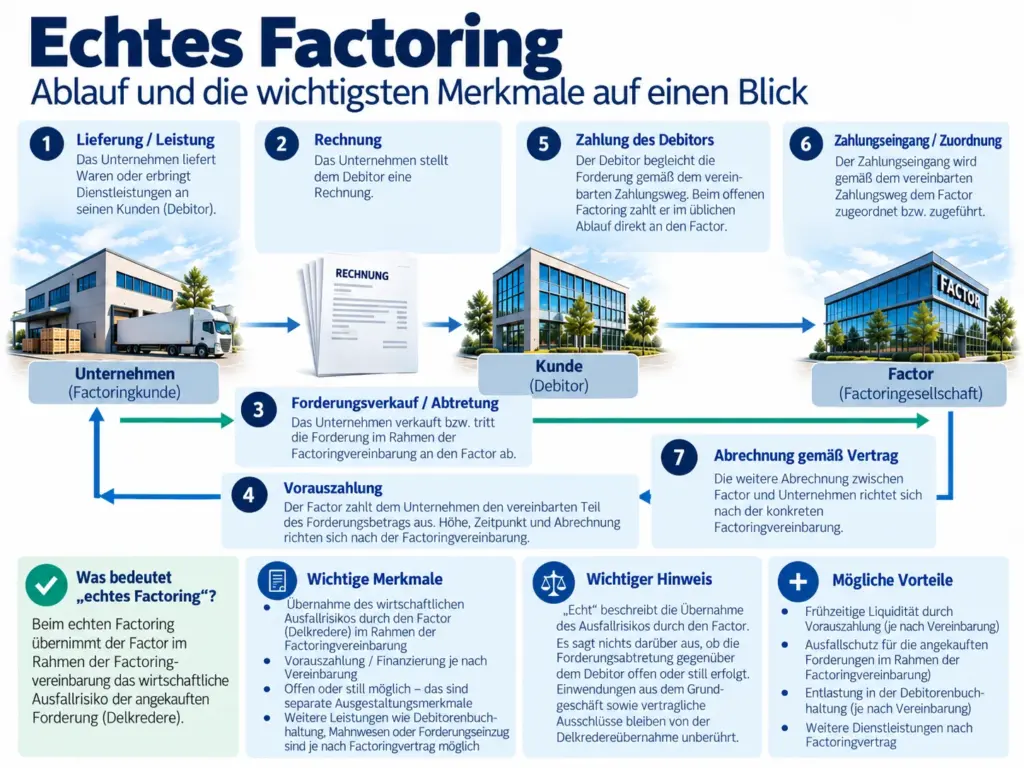 Schaubild zum Ablauf von echtem Factoring mit Forderungsverkauf, Vorauszahlung und Übernahme des Ausfallrisikos durch den Factor