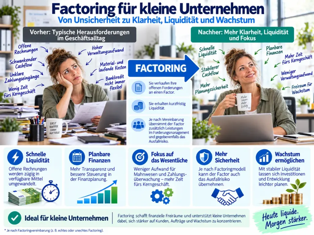 Schaubild zu Factoring für kleine Unternehmen mit Herausforderungen, Liquidität, Finanzplanung und Forderungsmanagement.