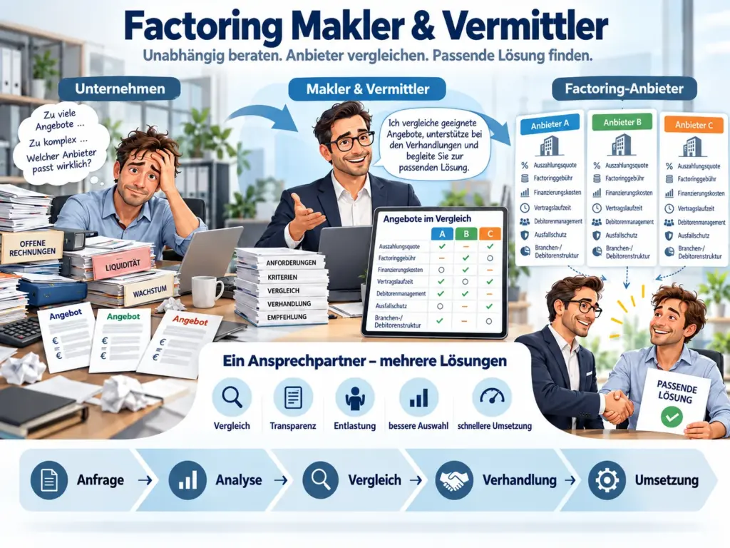 Schaubild zur Factoring-Vermittlung mit Analyse, Anbietervergleich, Verhandlung und Auswahl einer passenden Factoring-Lösung.