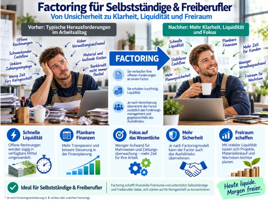 Schaubild zu Factoring für Selbstständige und Freiberufler mit Handwerker, offenen Rechnungen und verbesserter Liquiditätsplanung.