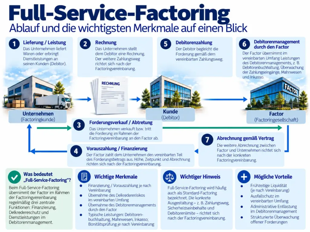 Schaubild zum Ablauf von Full-Service-Factoring mit Finanzierung, Delkredereschutz und Debitorenmanagement durch den Factor.