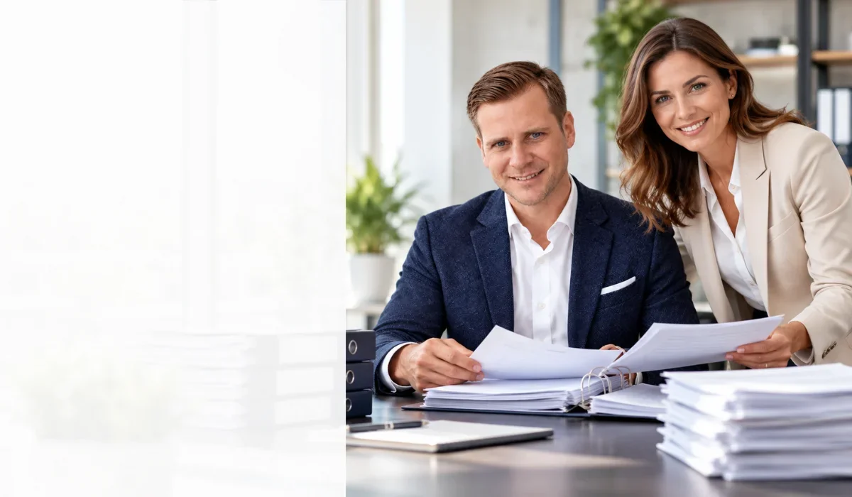 Unternehmer und Beraterin bearbeiten gemeinsam Unterlagen beim Full-Service-Factoring.