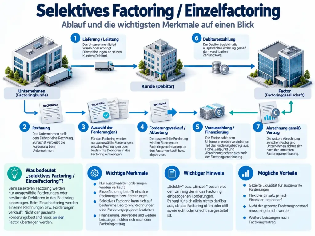 Schaubild zu selektivem Factoring und Einzelfactoring mit Auswahl einzelner Forderungen, Forderungsverkauf und Finanzierung durch den Factor.