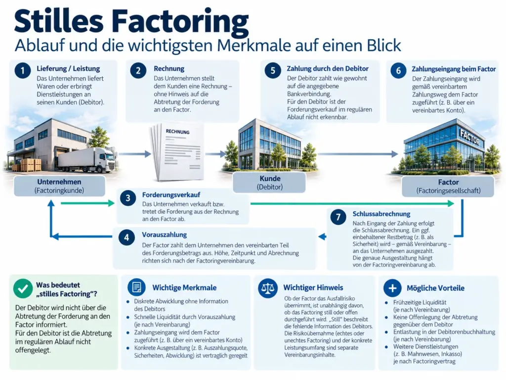 Schaubild zum Ablauf von stillem Factoring mit nicht offengelegter Forderungsabtretung gegenüber dem Debitor