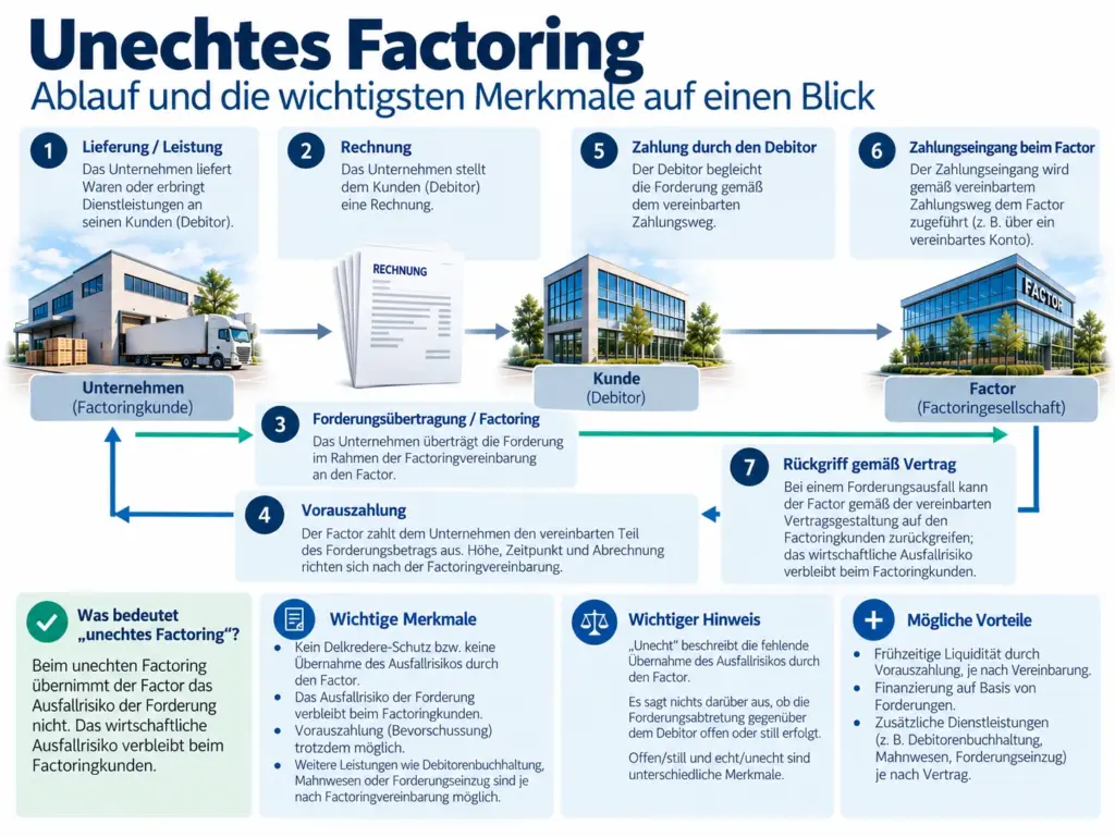 Schaubild zum Ablauf von unechtem Factoring, bei dem das wirtschaftliche Ausfallrisiko beim Factoringkunden verbleibt