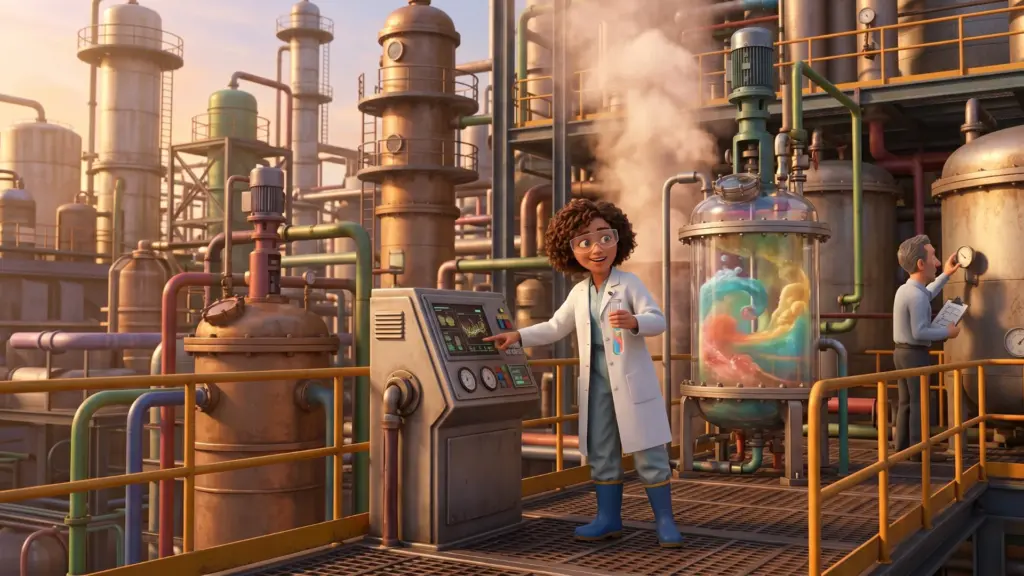 Chemiefachkraft vor industriellen Reaktoren und Rohrleitungen einer Produktionsanlage.