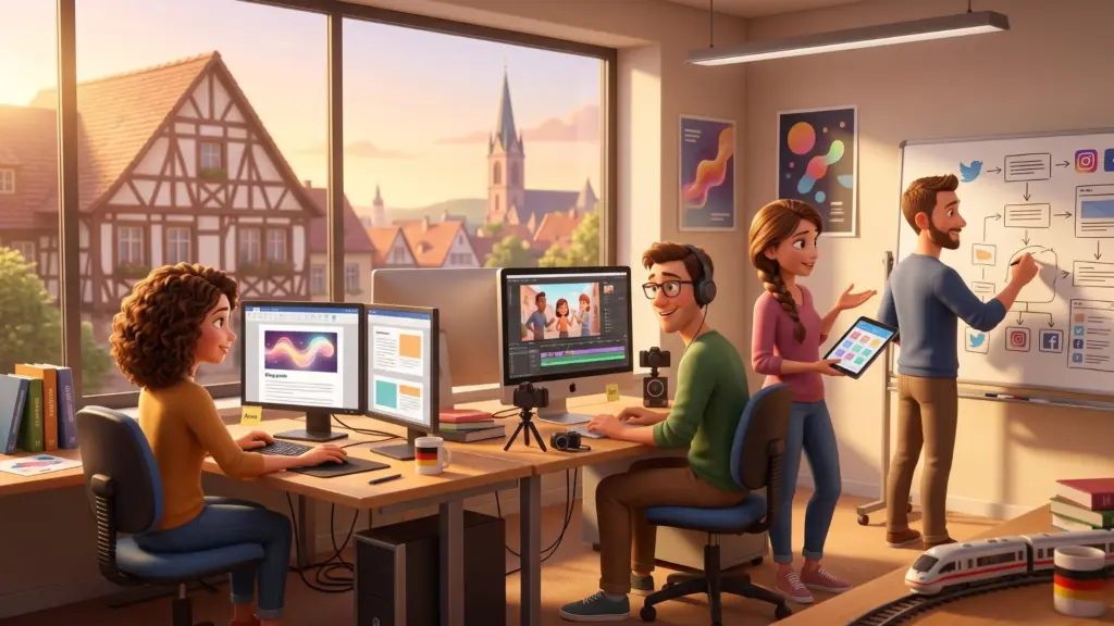 Kreative Marketingfachleute bei der Entwicklung digitaler Inhalte und Kampagnen in einem Agenturbüro.
