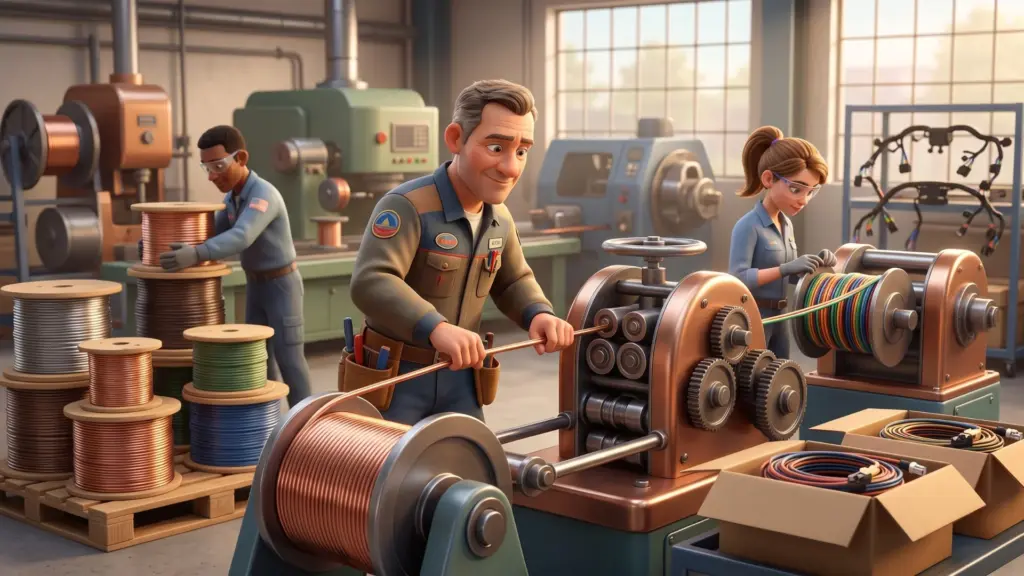 Mitarbeiter in einer industriellen Produktionshalle mit Maschinen und Anlagen zur Draht- und Kabelherstellung.