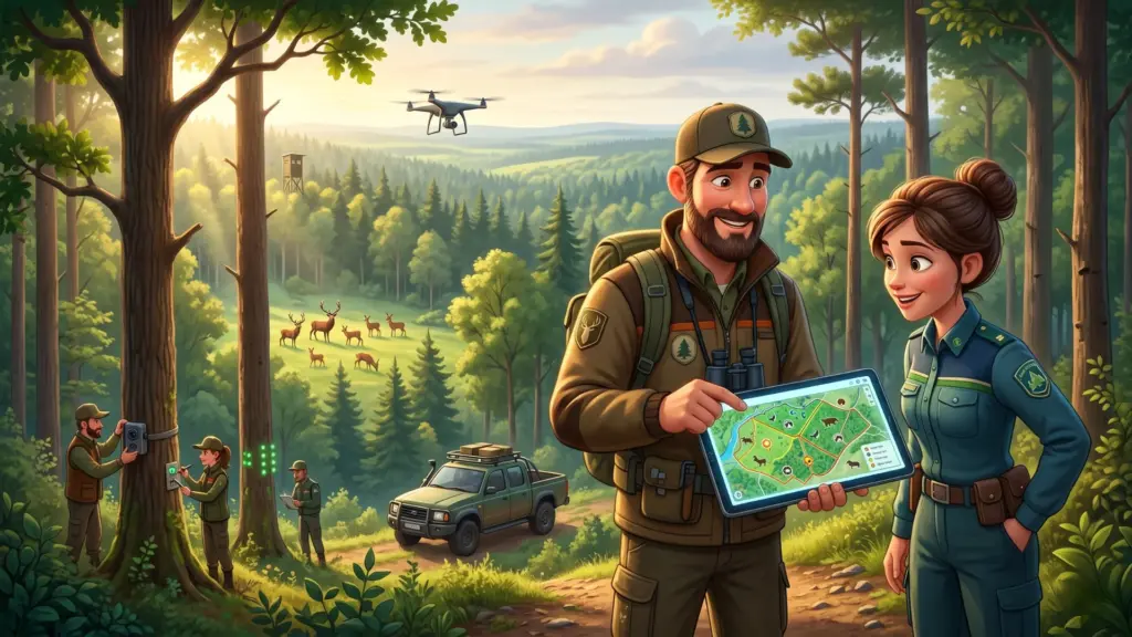 Förster mit Arbeitskleidung und Unterlagen in einer grünen Waldlandschaft.