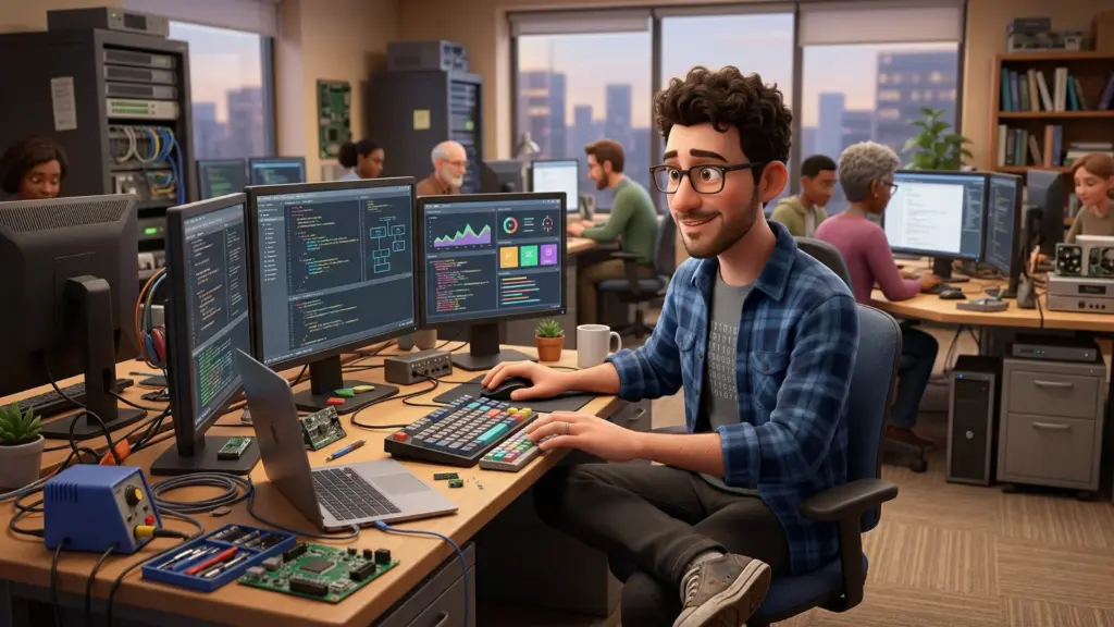 IT-Spezialist an mehreren Monitoren mit Code und technischen Anwendungen.