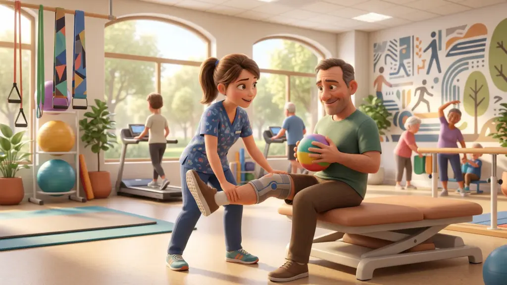 Physiotherapeutin bei der krankengymnastischen Behandlung eines Patienten in einem Therapieraum.