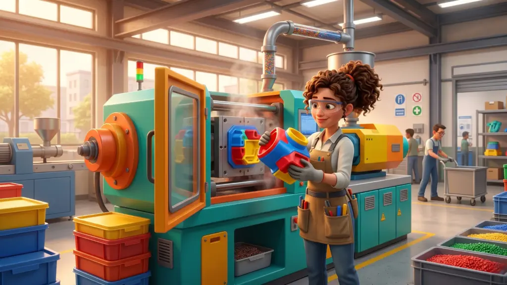 Fachkraft mit farbigen Kunststoffteilen in einer industriellen Produktionsumgebung.