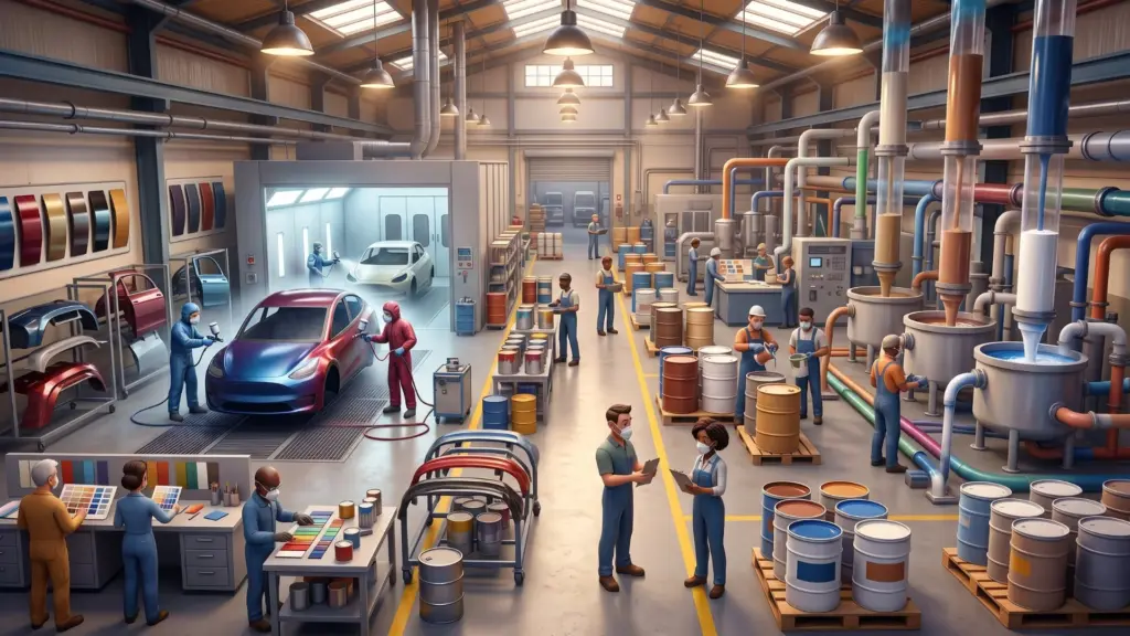 Blick in eine industrielle Fertigungshalle mit Behältern und Produktionsanlagen für Farben und Lacke.