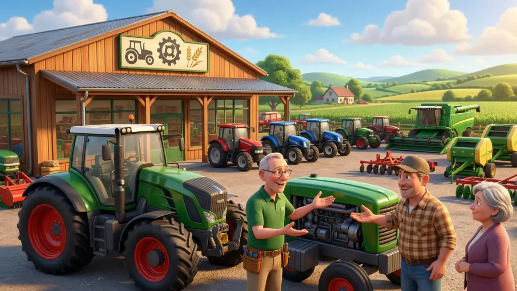 Landtechnikhändler vor einem Betrieb mit Traktoren und landwirtschaftlichen Maschinen.