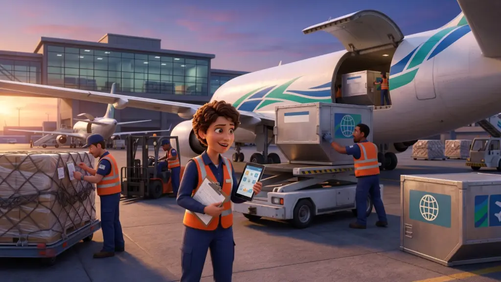 Luftfrachtmitarbeiter vor einem Frachtflugzeug am Flughafen bei der Organisation von Lufttransporten.