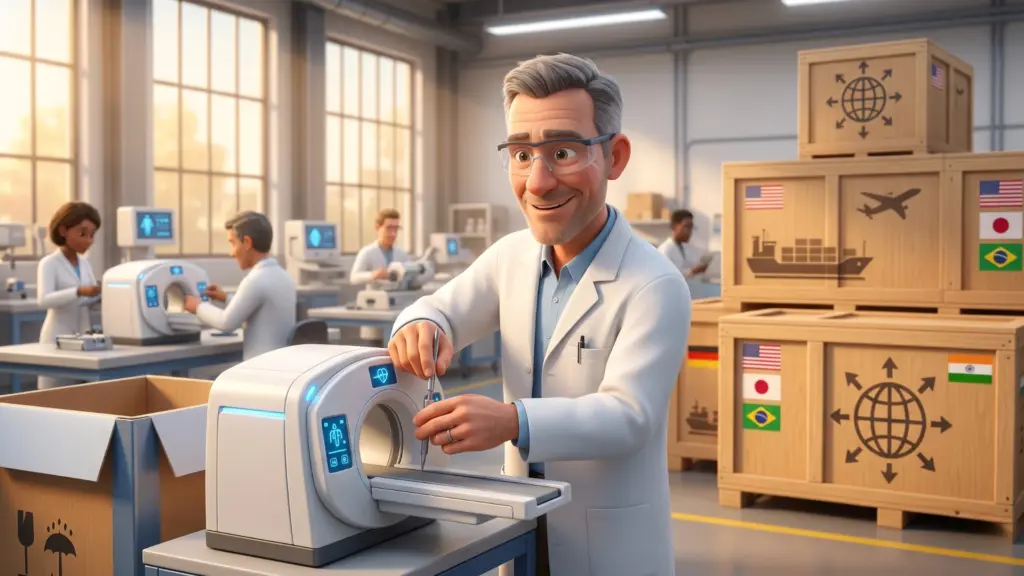 Medizintechnikexperte mit medizinischen Geräten in einer modernen Entwicklungs- und Produktionsumgebung.