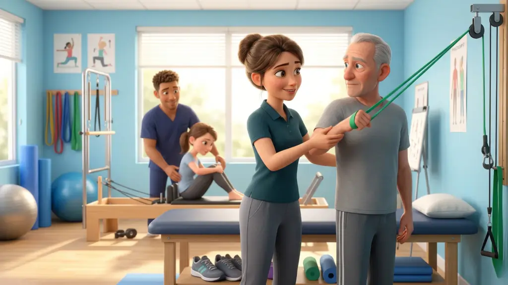 Physiotherapeutin bei der Behandlung eines Patienten in einem hellen Therapieraum.