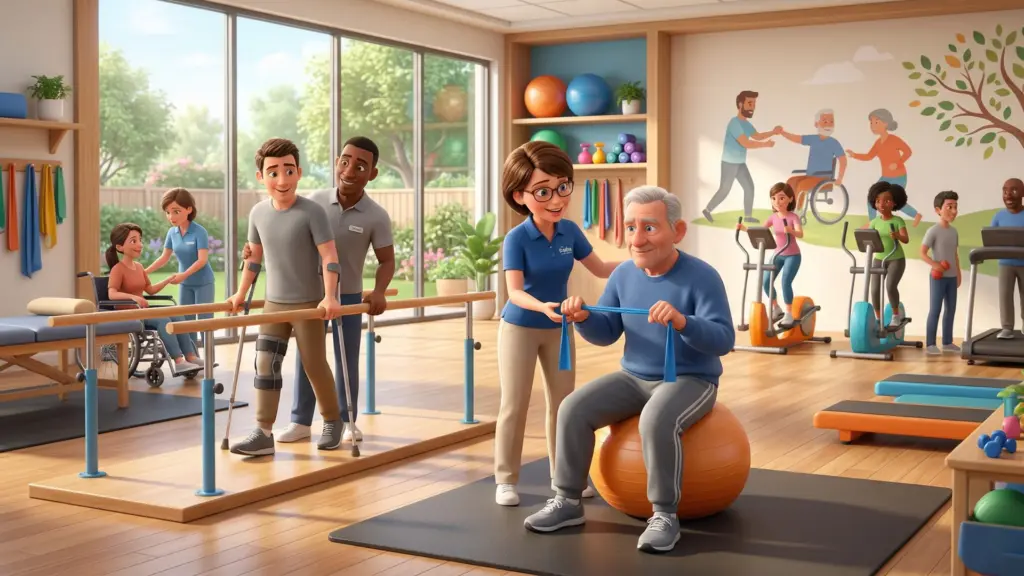 Therapeuten und Patienten bei Übungen in einem modernen Rehabilitationszentrum.
