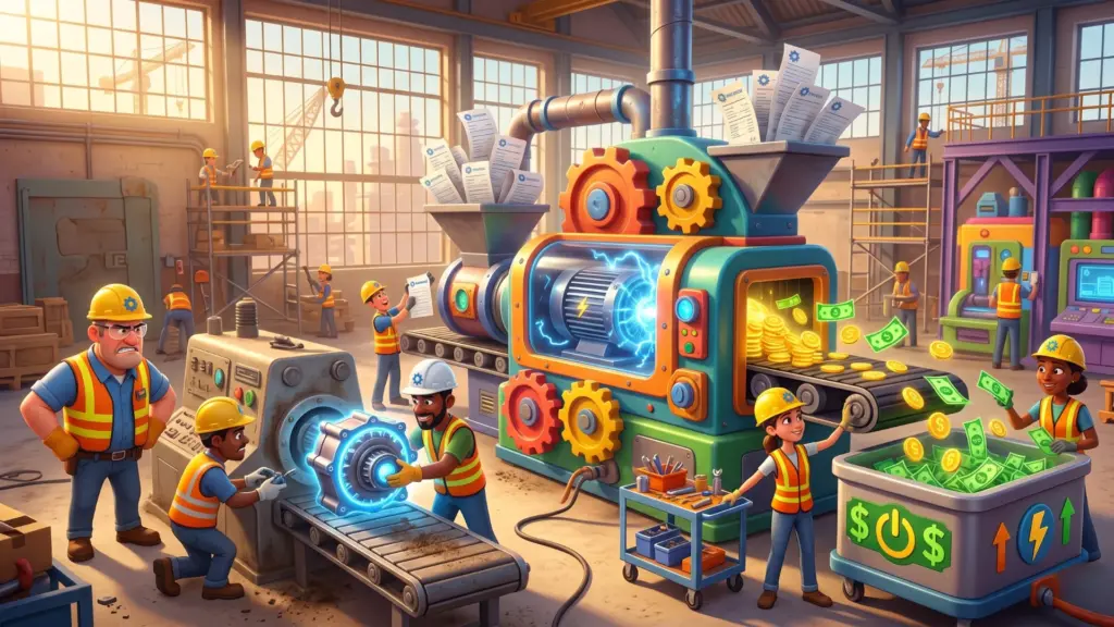 Symbolische Darstellung einer Unternehmenssanierung mit Zahnrädern und industriellen Elementen.