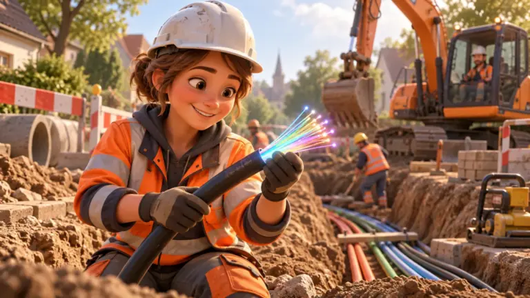 Facharbeiterin mit Glasfaserkabel auf einer Tiefbaustelle – Factoring für Glasfaserausbau