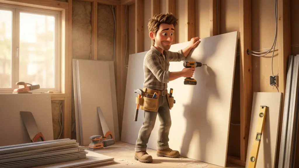 Trockenbauer mit Werkzeug bei der Montage von Wand- und Deckenelementen in einem Innenraum.