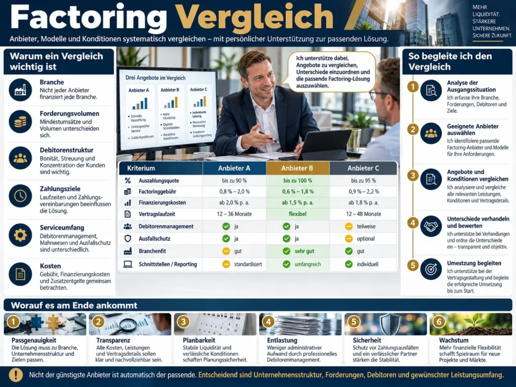 Schaubild zum Factoring Vergleich mit mehreren Anbietern, Konditionen, Auswahlkriterien und persönlicher Beratung zur passenden Factoring-Lösung.
