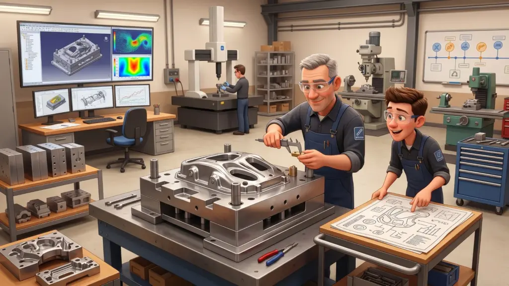 Werkzeugbauer bei der Bearbeitung eines technischen Bauteils an einer modernen Fertigungsmaschine.