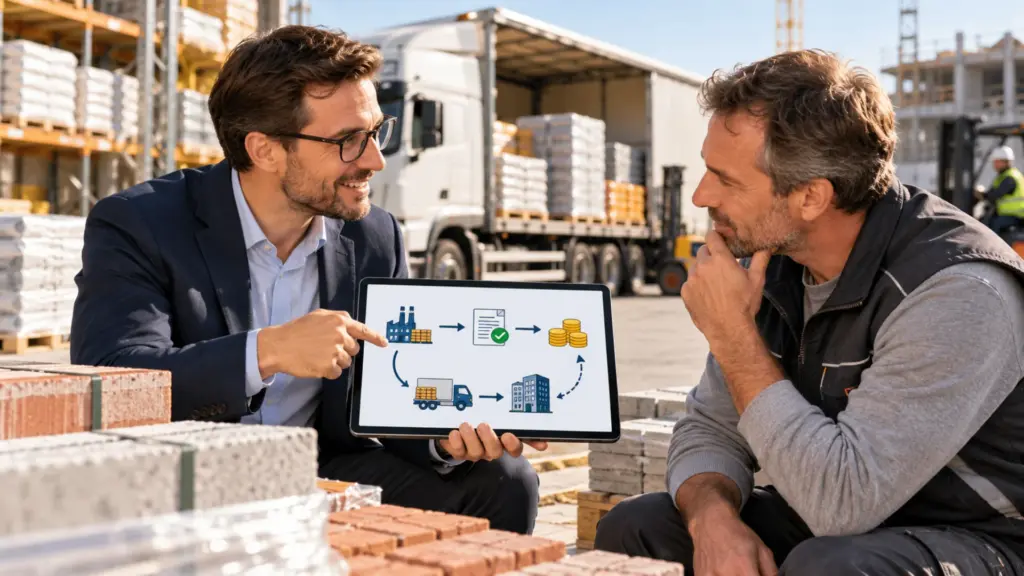 Factoring-Berater erklärt einem Bauunternehmer anhand eines Tablets die Funktionsweise von Reverse Factoring zur Finanzierung von Lieferantenrechnungen.