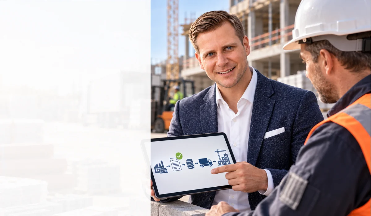 Factoring-Berater erläutert einem Bauunternehmer auf einer Baustelle das Reverse Factoring zur Finanzierung von Materialeinkäufen und Lieferantenrechnungen.