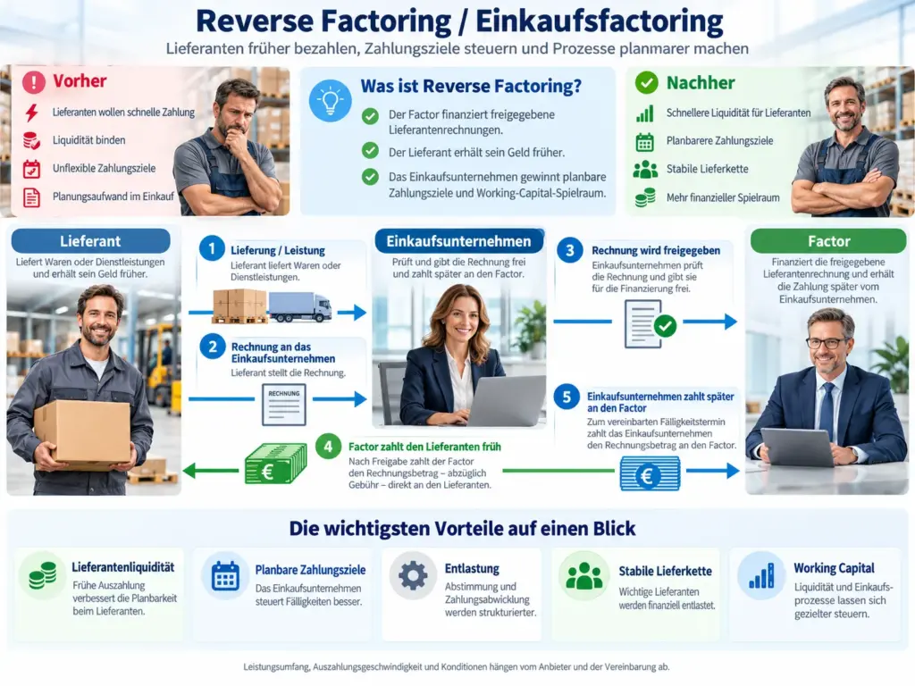 Schaubild zu Reverse Factoring und Einkaufsfactoring mit Lieferant, Einkaufsunternehmen, Factor, Rechnungsfreigabe und früher Zahlung an den Lieferanten.